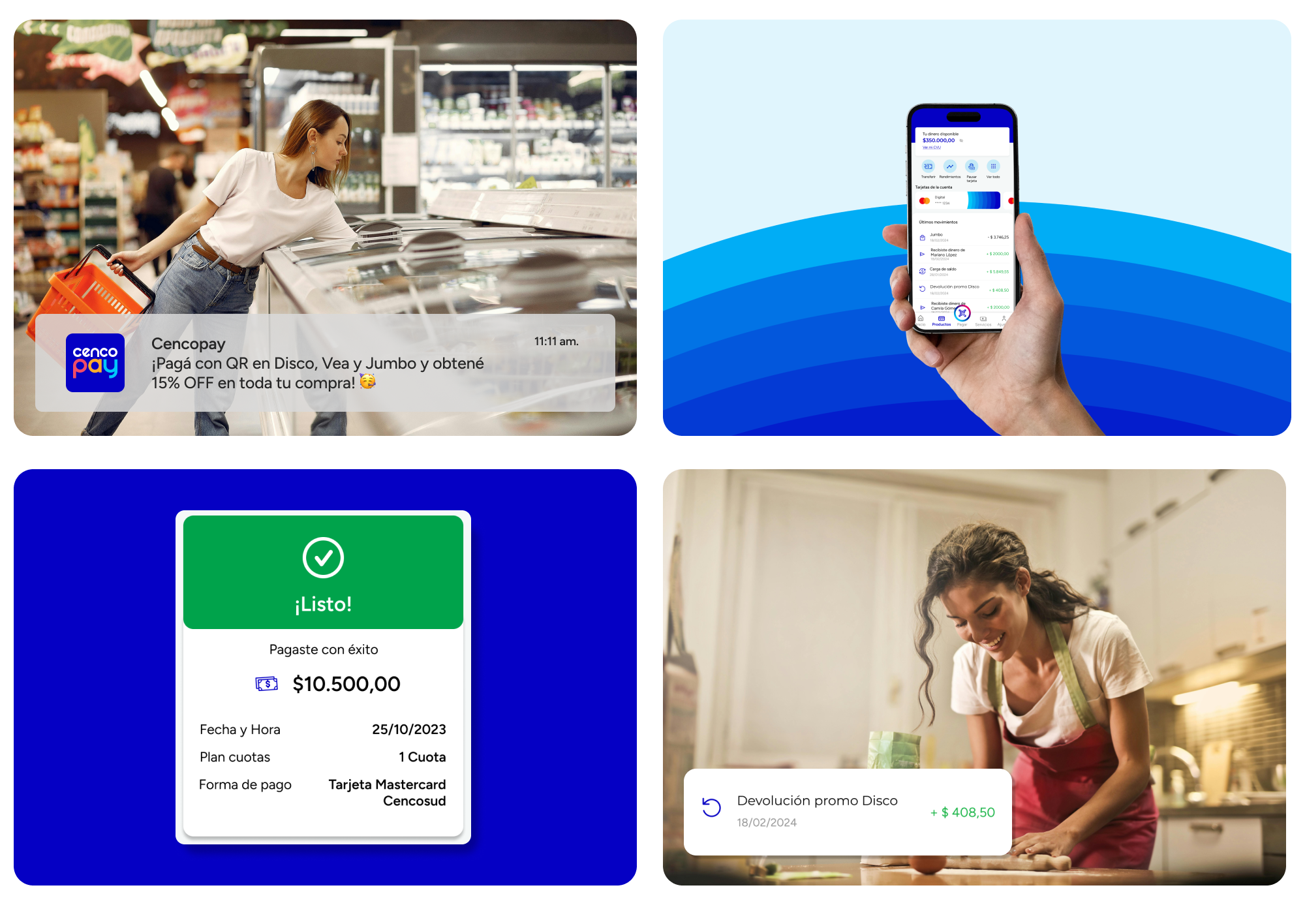 Collage de Cencopay en uso: una notificación de descuento en el supermercado, la app en la mano, un comprobante de pago y una devolución de promoción
