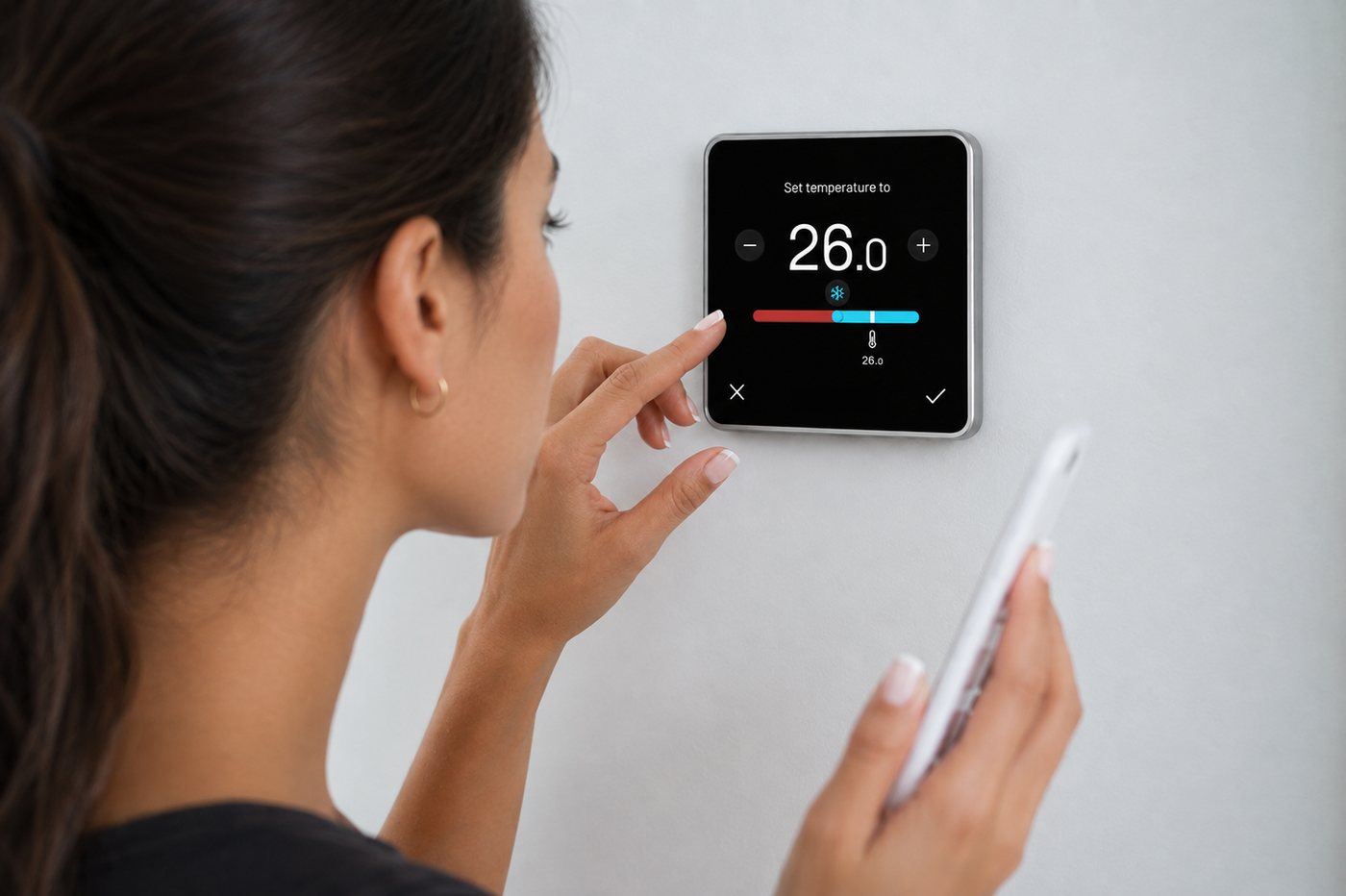 Una persona ajusta la temperatura en el termostato de pared