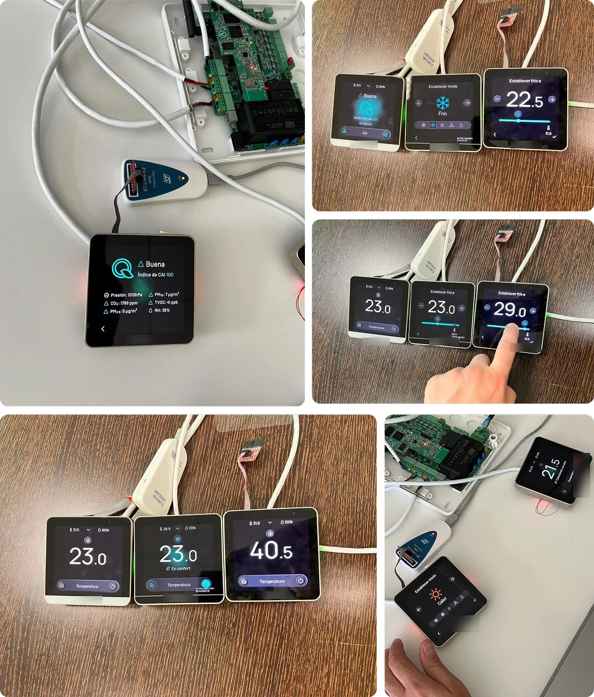 Prototipos del termostato conectados a placas de desarrollo durante las pruebas