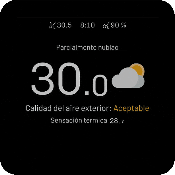 Salvapantallas con la hora, el clima exterior y la calidad del aire